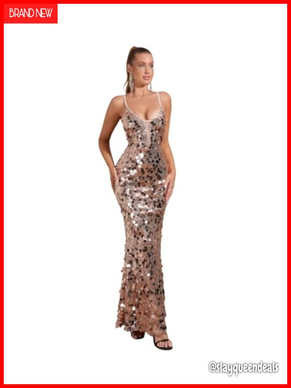 PORRCEY Women's Sparkly Sequins Evening Gown Sleeveless Mermaid V-Neck Party
